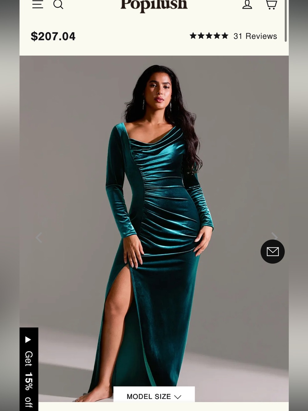 Shapewear Elegant Teal Velvet Long-Sleeve Ruched Gown with Side Slit